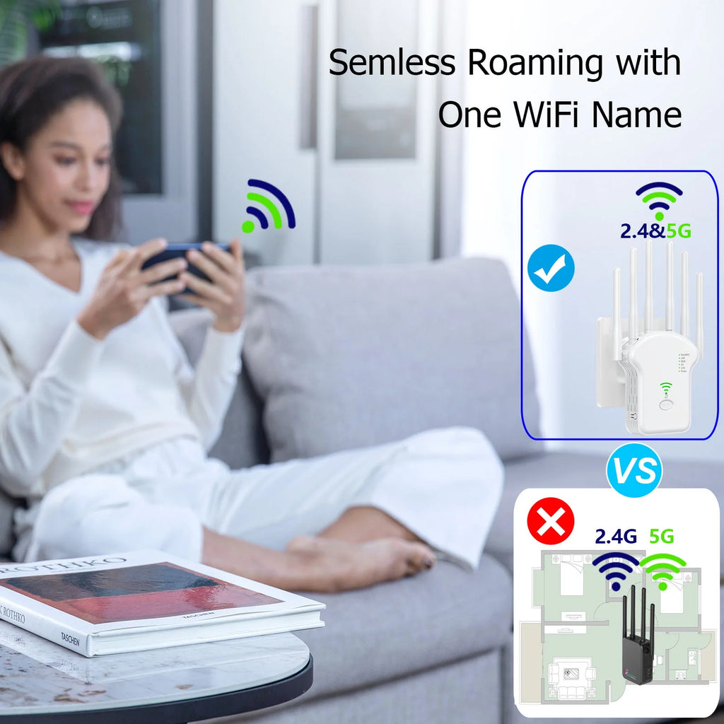 White dual-band WiFi range extender with four antennas, shown in a home setting to improve signal for a user.