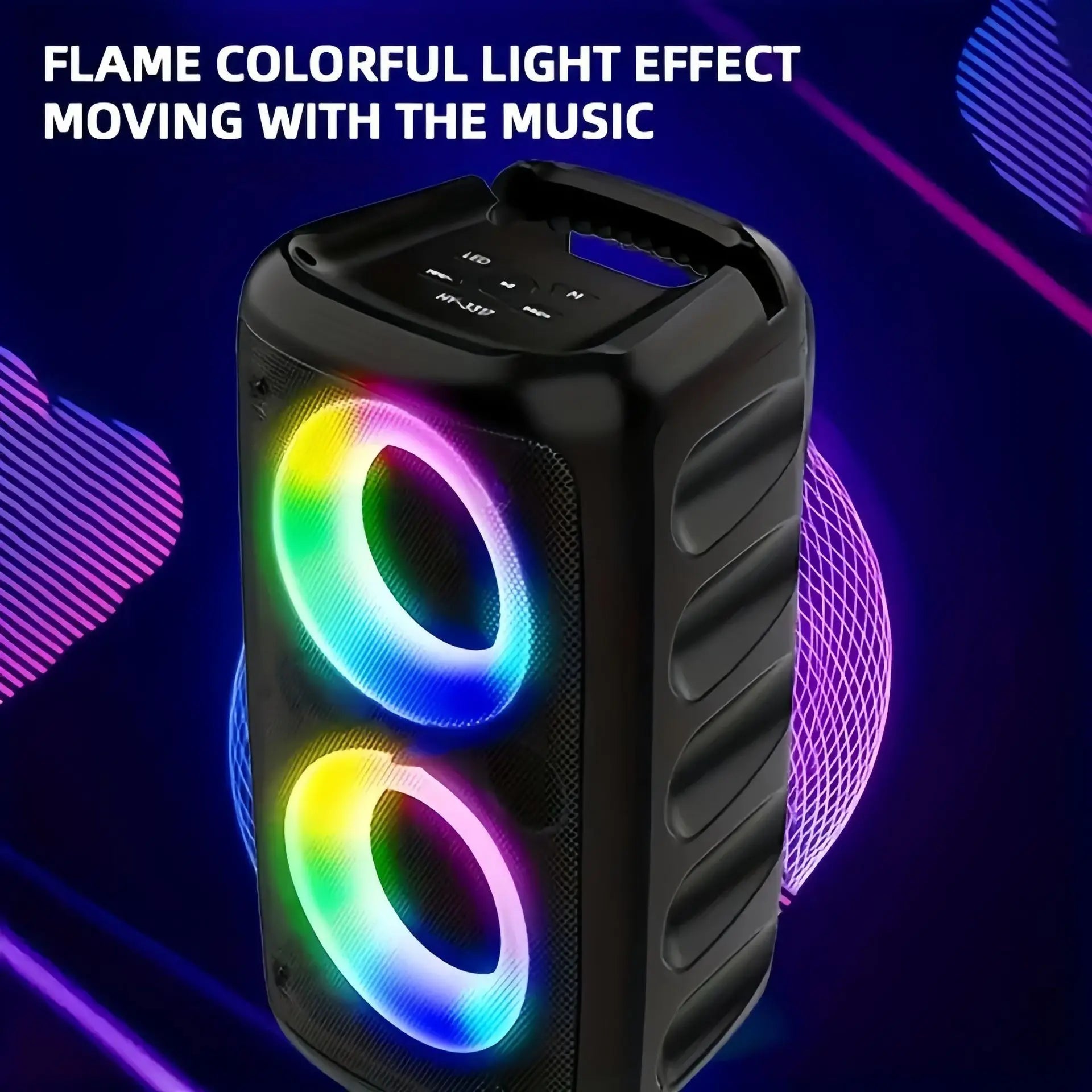 Black portable karaoke speaker featuring dual circular speakers with vibrant, multi-coloured LED flame lighting effects.