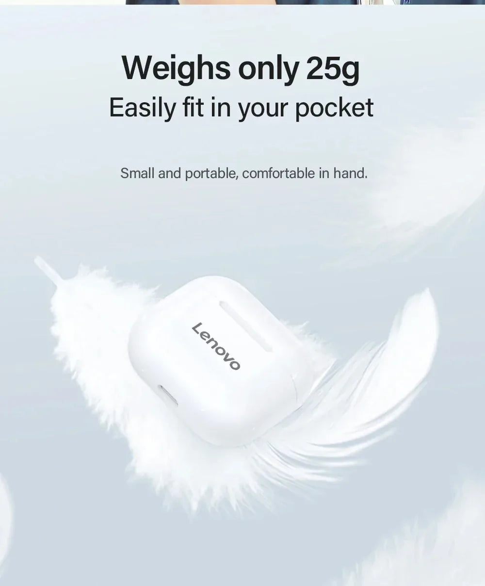 Small white wireless earbud charging case, lightweight and compact, resting on a soft white feather.