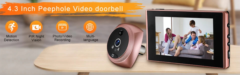 Rose gold digital peephole camera with 4.3-inch LCD screen, night vision, motion detection and video recording.