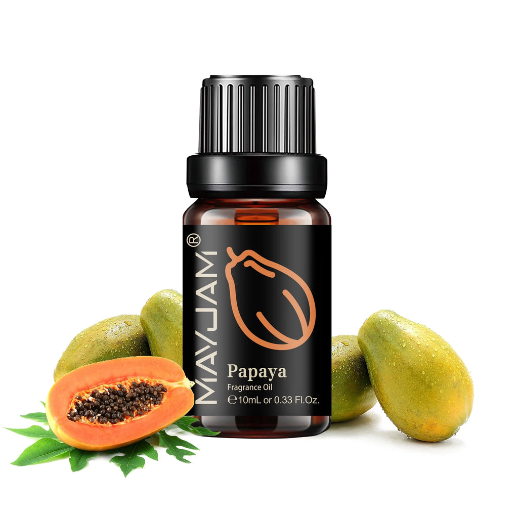 10ml amber glass bottle of Papaya fragrance oil, featuring a black cap and label with fresh papaya fruit imagery.