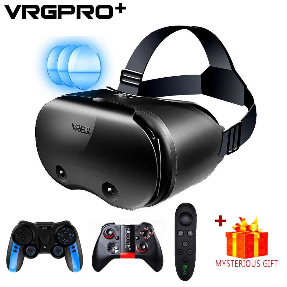 Black 3D VR headset with head strap, blue lenses, two game controllers, remote control, and a gift box.
