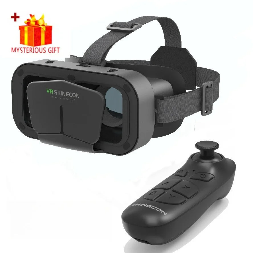 Black smartphone VR headset with adjustable head straps and a matching wireless handheld gaming controller.