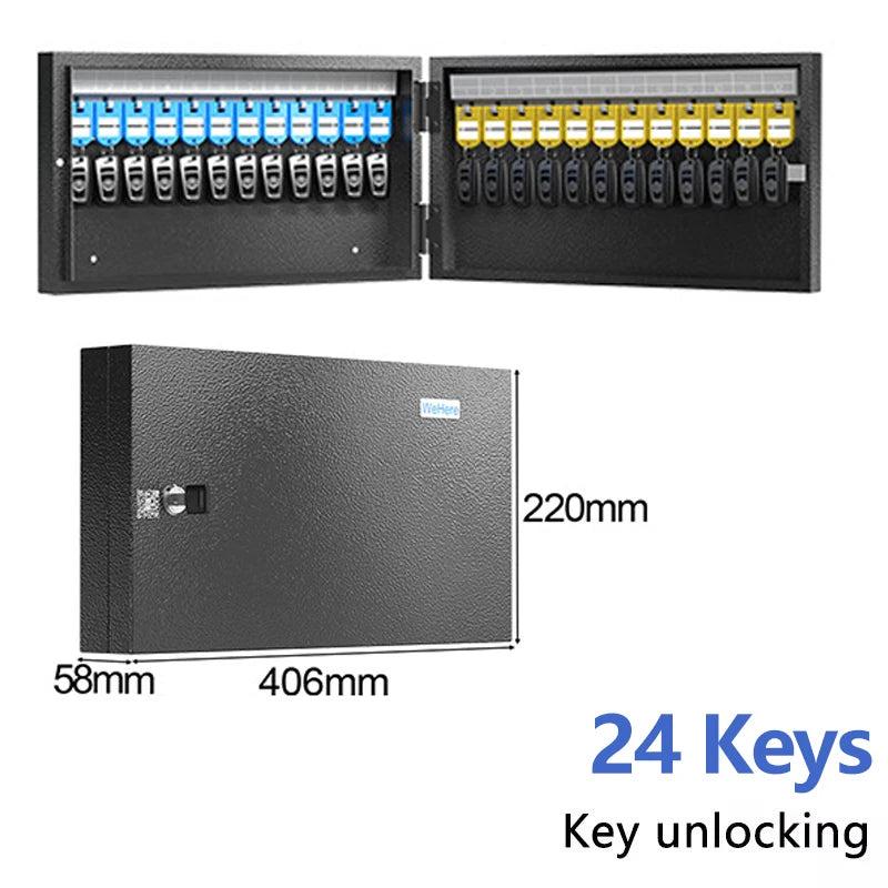 Black metal wall-mounted key cabinet with a physical lock, holding 24 numbered keys on blue and yellow tags.