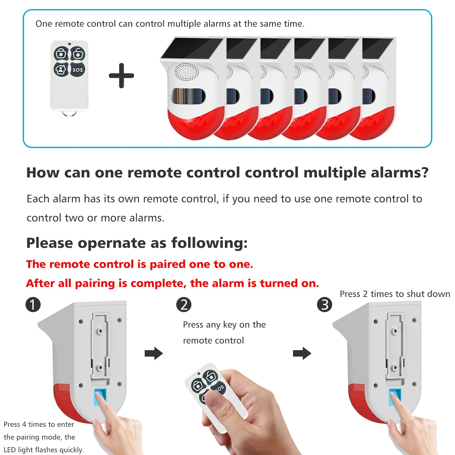 White and red solar outdoor motion sensor alarm with remote control, showing how to pair one remote to multiple units.
