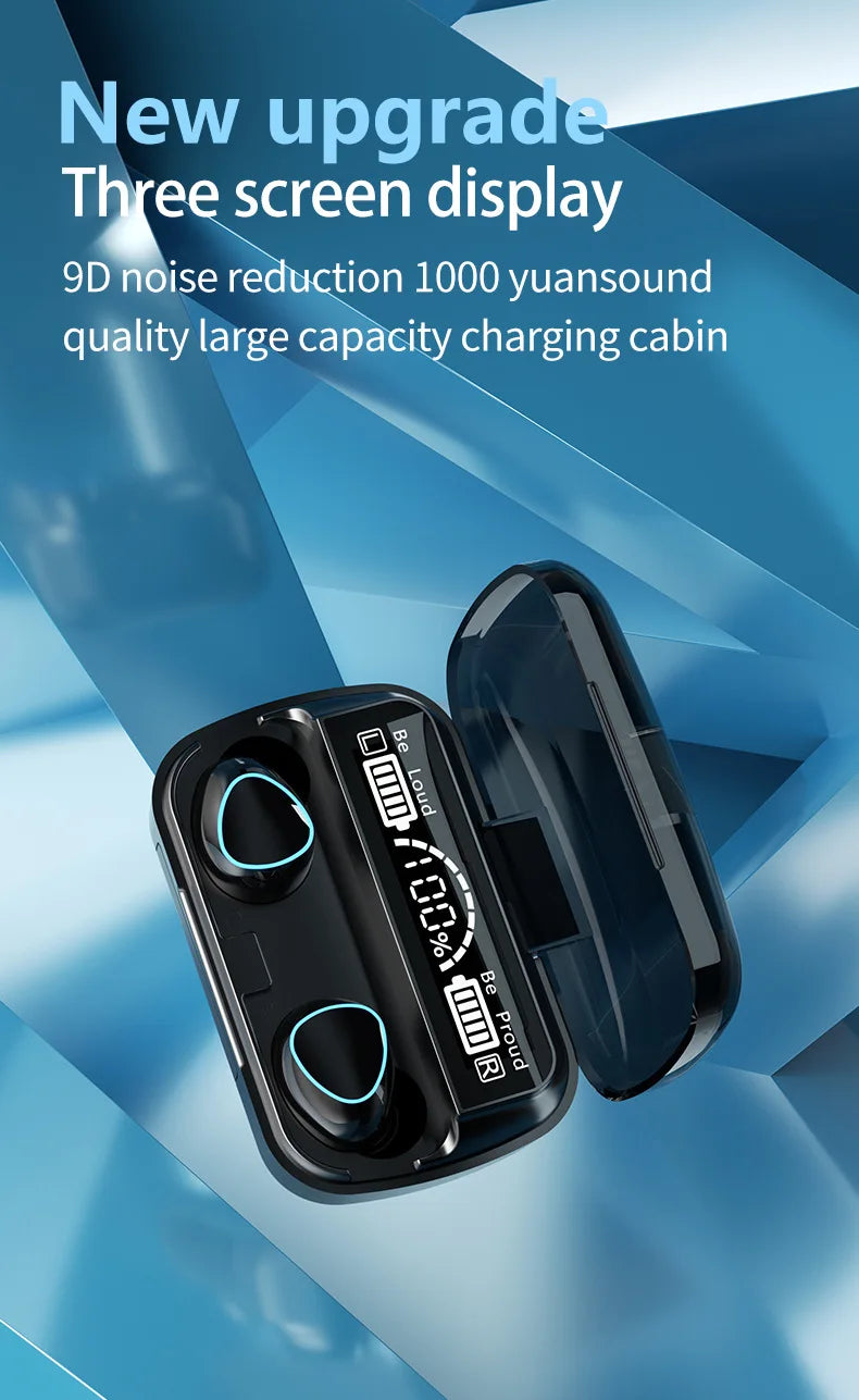 Black wireless earbuds in a charging case with a digital battery display, set against a blue geometric background.
