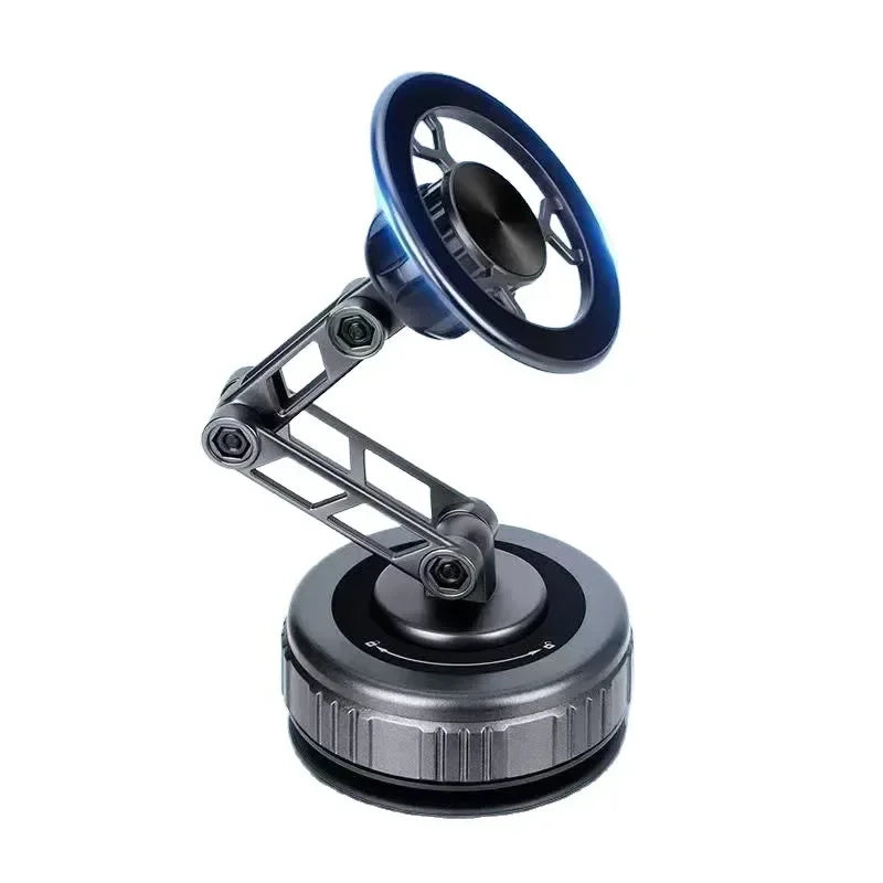 Grey metallic magnetic phone mount with an adjustable robotic arm and a circular base on a white background.
