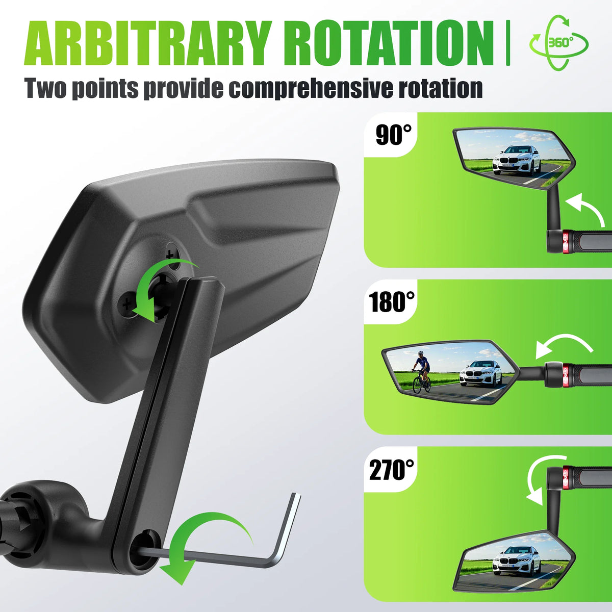 Black 360-rotatable bike mirror with extended arm, showing rotation angles from 90 to 270 degrees.