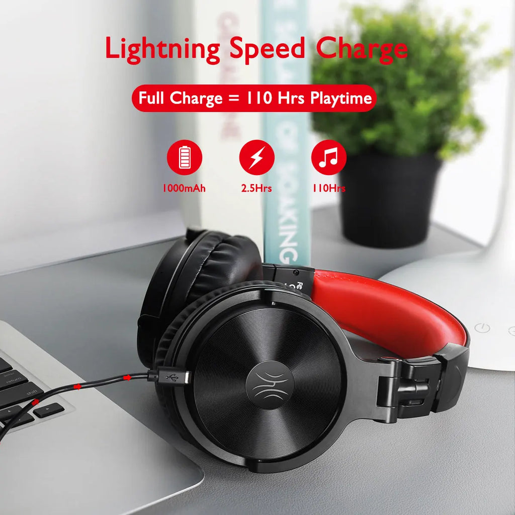 Black and red wireless gaming headphones with a charging cable, offering 110 hours of playtime from a 2.5-hour charge.