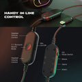 Black gaming headset USB in-line controller with volume, mic toggle, 7.1 surround and EQ mode settings for audio.