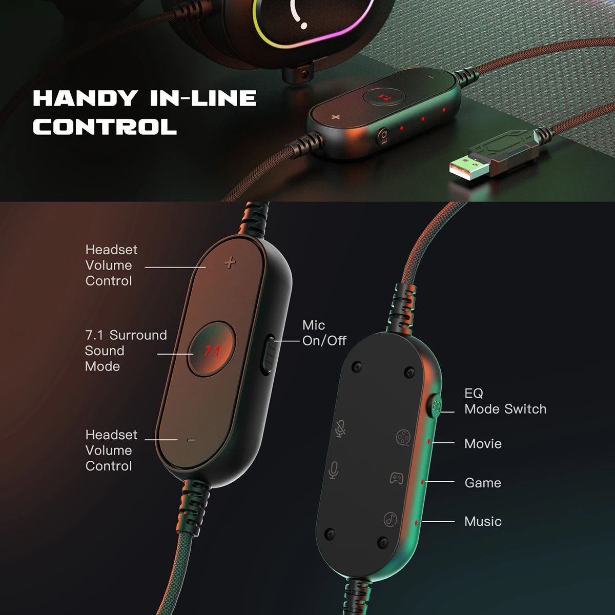 Black gaming headset USB in-line controller with volume, mic toggle, 7.1 surround and EQ mode settings for audio.