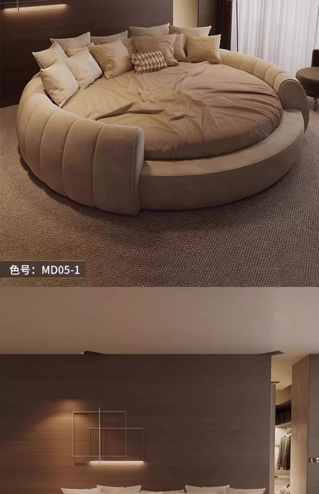 A luxurious, circular beige upholstered bed with a channel-tufted frame and multiple matching decorative pillows.
