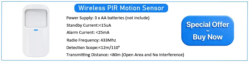 White, compact, wireless PIR motion sensor for a home security system with a blue LED indicator.