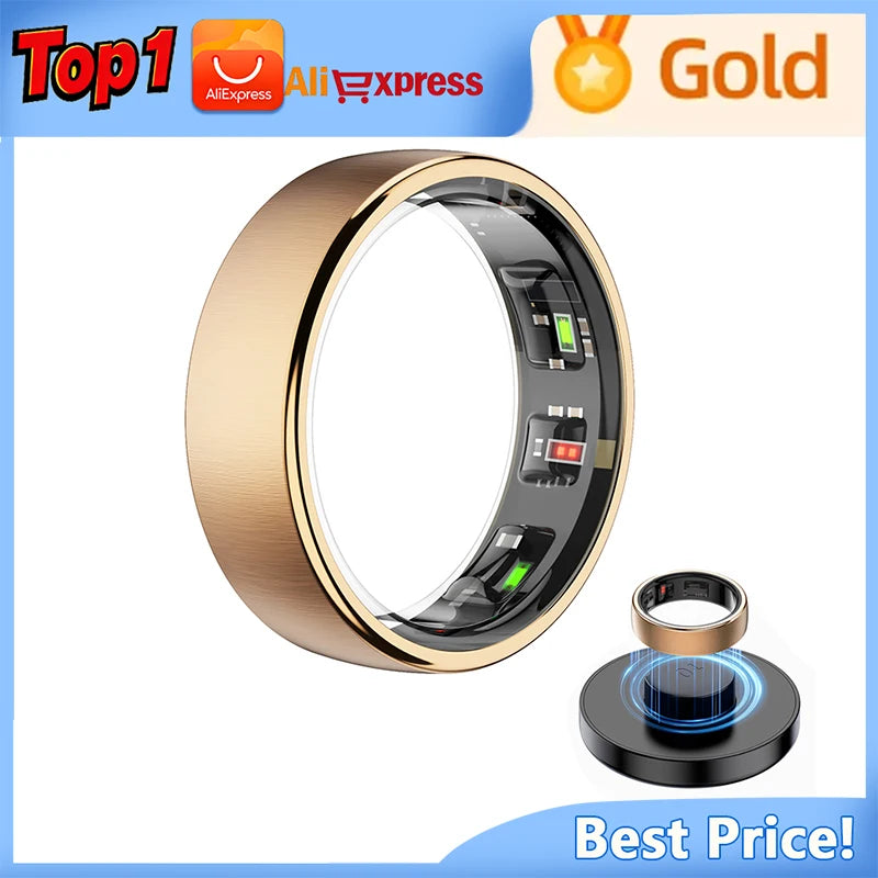 Brushed gold smart ring showing internal health sensors, plus a smaller view of the ring on its wireless charging base.