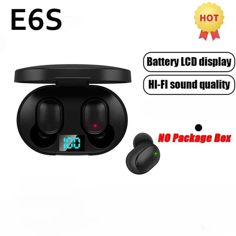 Black wireless earbuds in a charging case with a digital battery display. Compact, modern design. No package box.