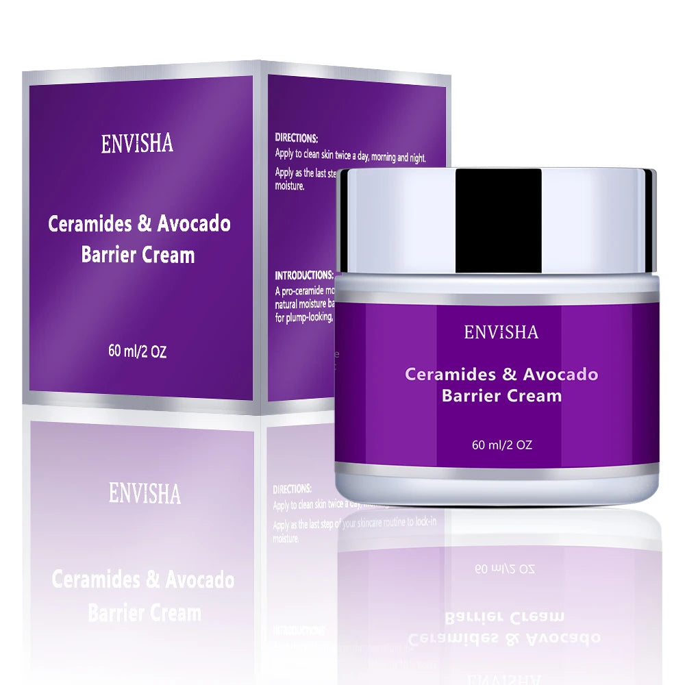 60ml Ceramides & Avocado barrier cream in a purple and silver jar with matching packaging box.