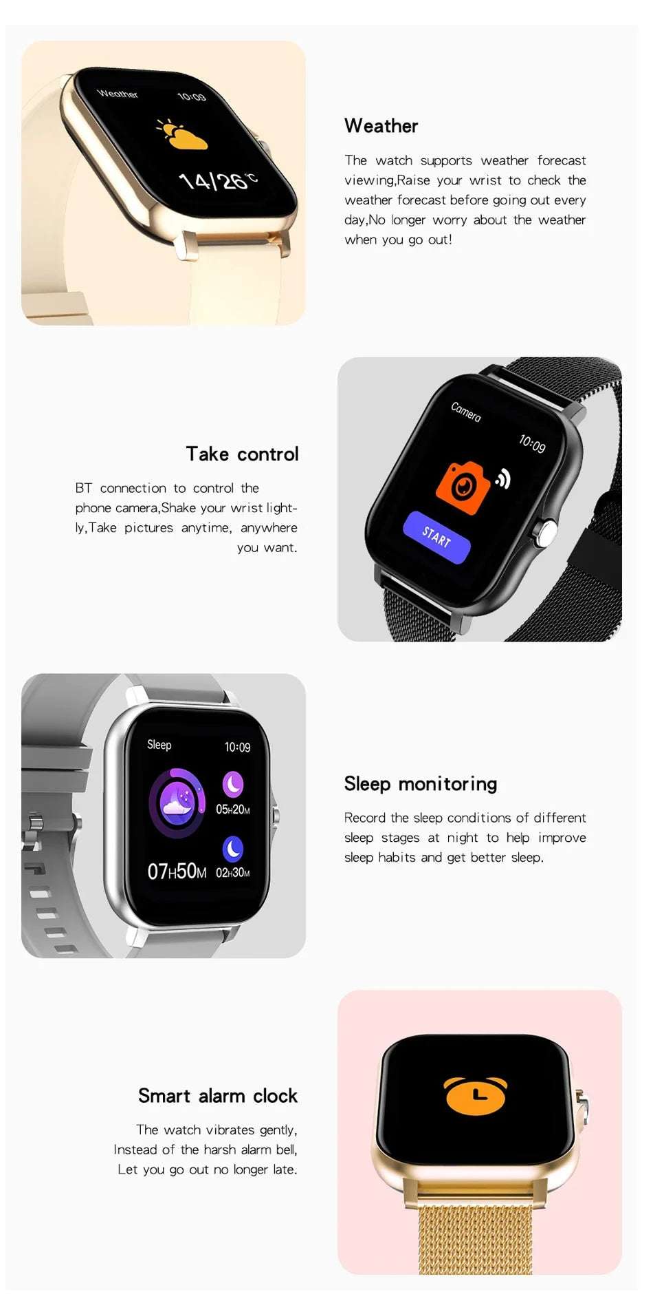Smart watch with 1.44-inch touch screen in gold, black, and silver, showing weather, camera, sleep, and alarm features.