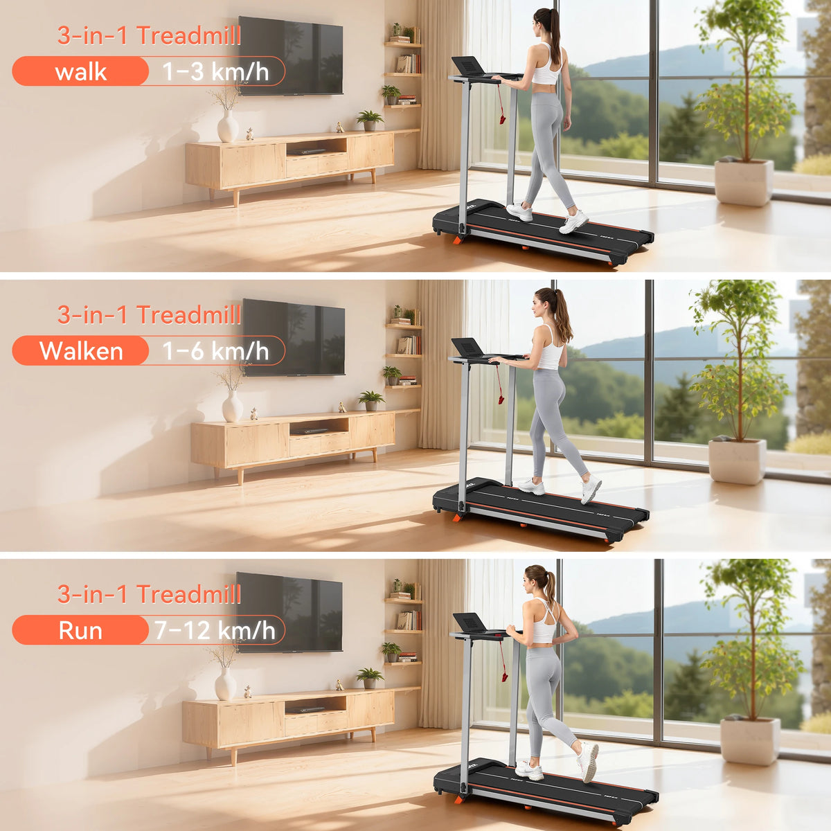 Three panels show a woman using a 3-in-1 treadmill for walking, walking faster, and running at home.