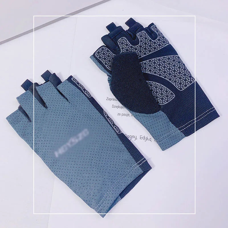 Fingerless navy blue gym gloves with mesh fabric, padded palms, and geometric grip detailing.
