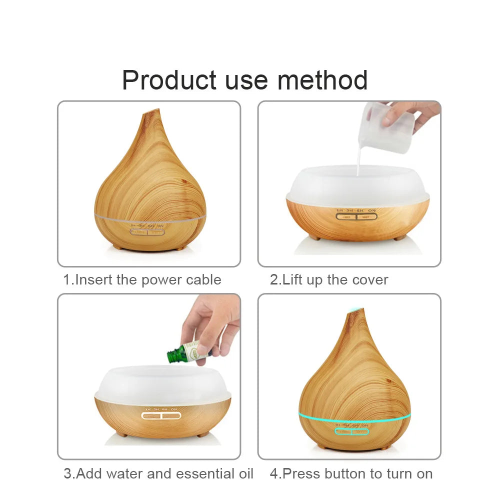 Four-step guide showing how to fill, assemble, and turn on a light wood-effect smart oil diffuser.