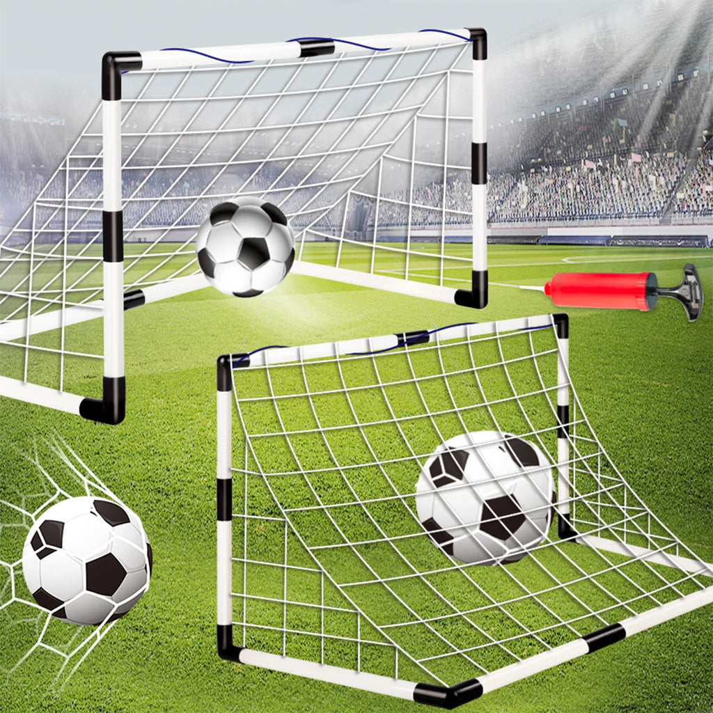 Portable kids' football goal set with white nets, black and white footballs, and a red ball pump.
