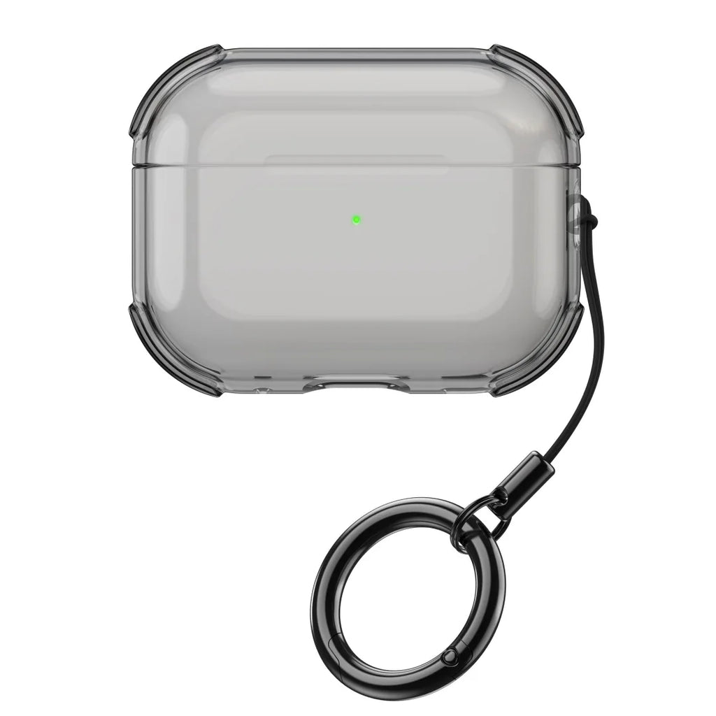 Clear, shockproof case for AirPods Pro with black keyring attachment.