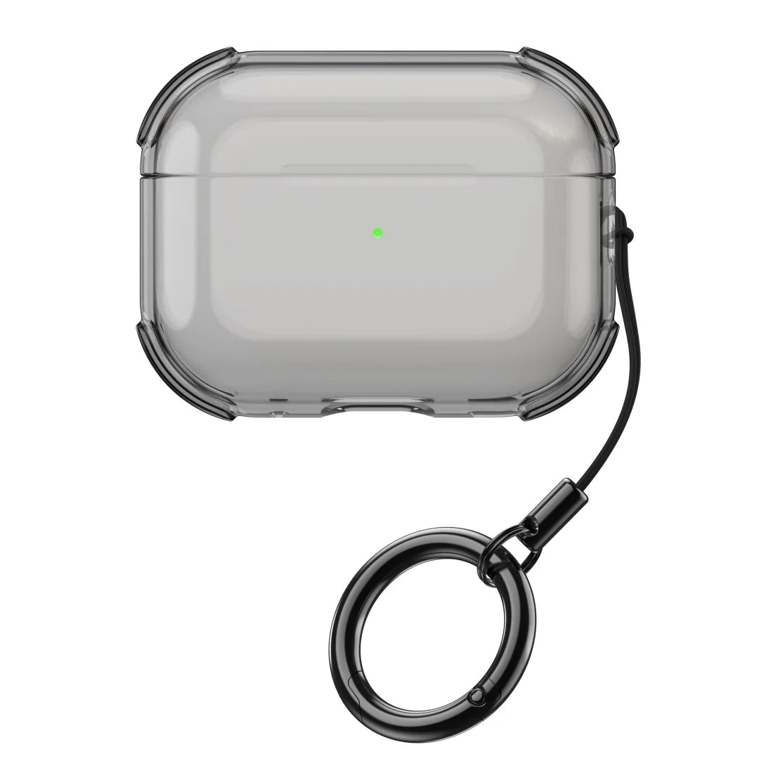 Clear, shockproof case for AirPods Pro with black keyring attachment.