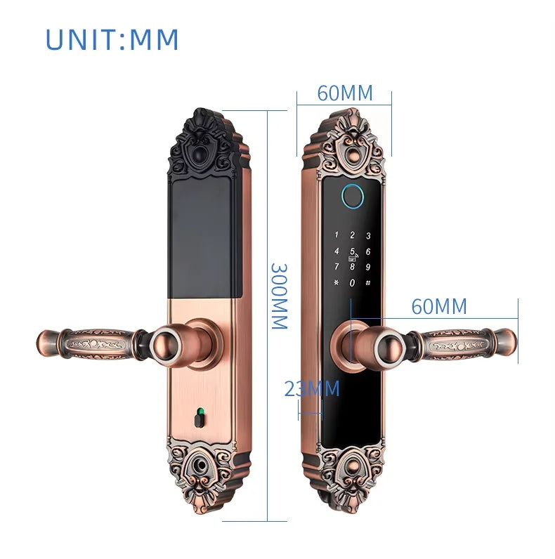 Antique copper metal smart door lock with biometric fingerprint scanner, keypad, and ornate lever handle.