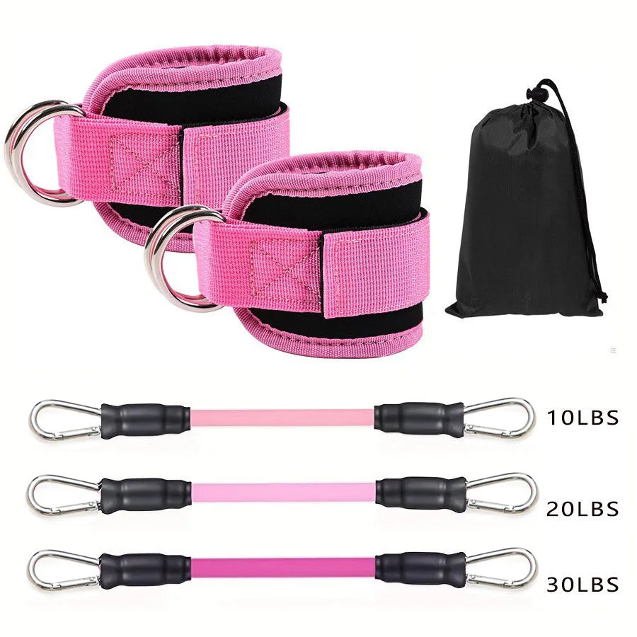 Pink ankle straps, a black carry bag, and three resistance bands (10lb, 20lb, 30lb) with carabiner clips.