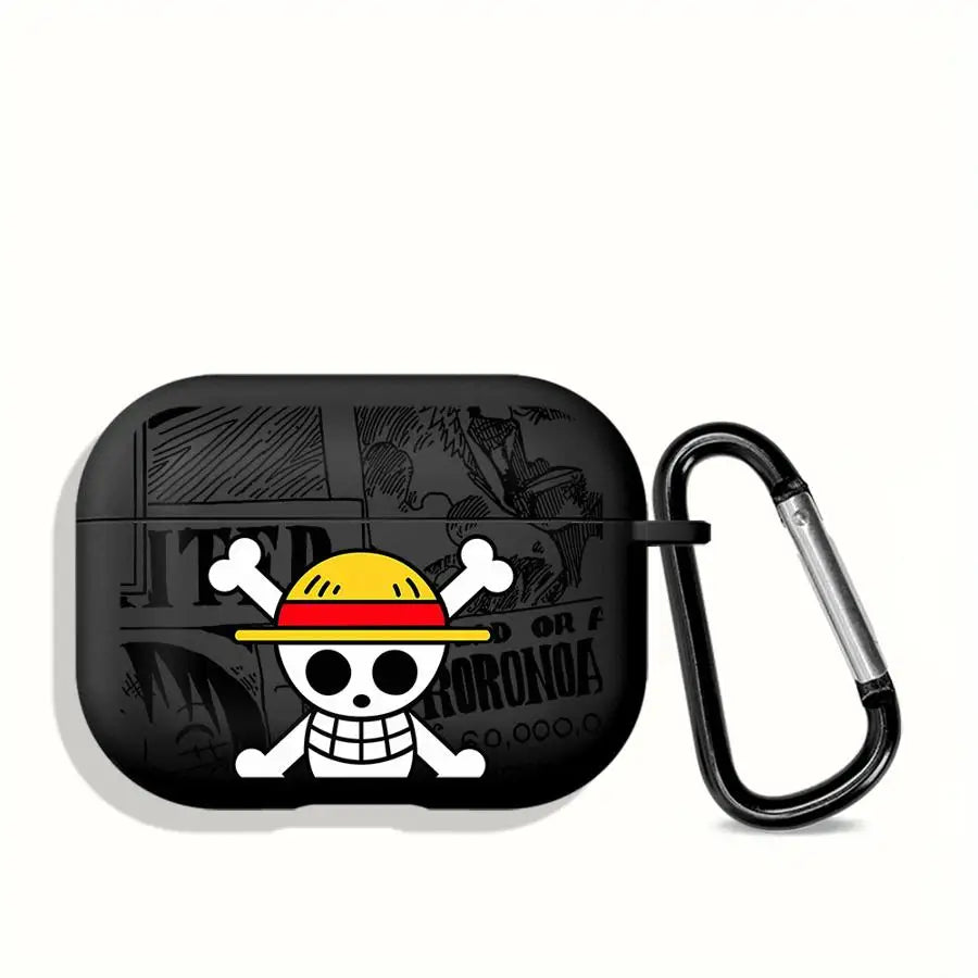 Black silicone AirPods Pro case featuring a One Piece Luffy skull graphic with a keyring carabiner.