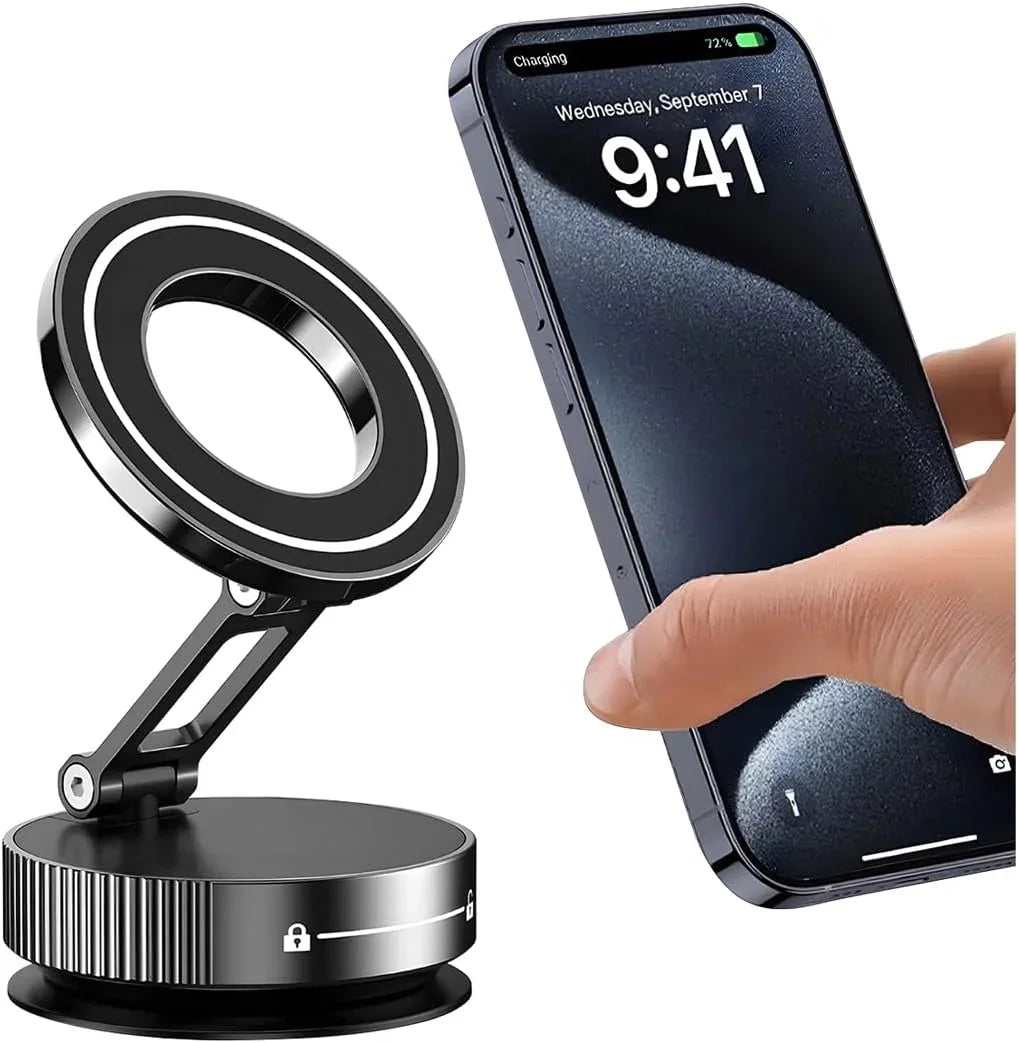 Black magnetic phone stand with a foldable arm and circular mount, shown beside a smartphone being attached.