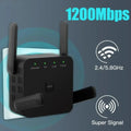 Black, compact 1200Mbps dual-band WiFi repeater with four antennas, status lights, and a WPS button plugged into a wall.