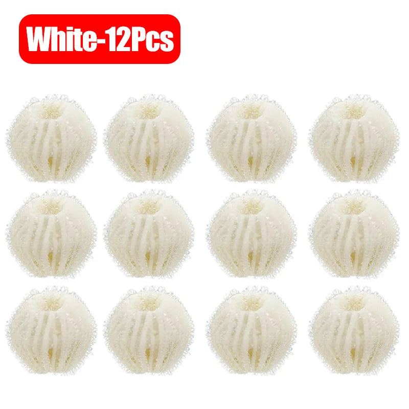 A pack of 12 white, textured, spherical dryer balls arranged in a grid against a white background.