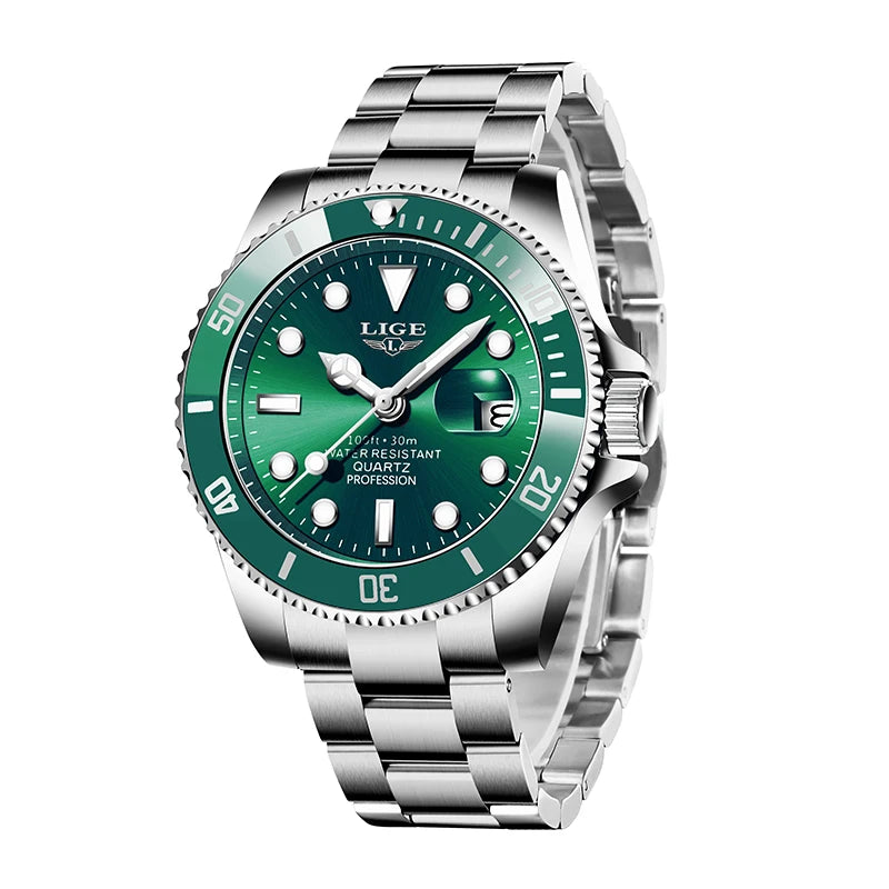 Men’s stainless steel quartz wristwatch with a vibrant green dial, rotating bezel, and classic link bracelet.