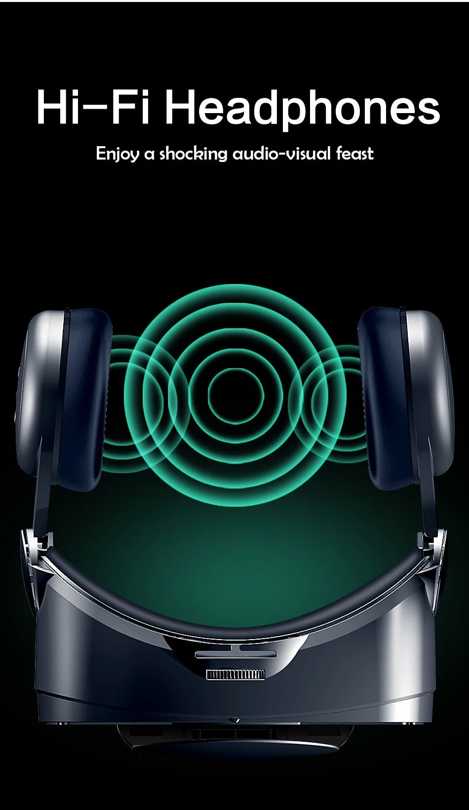 Sleek dark grey wireless headphones with glowing green sound wave graphics against a black background.