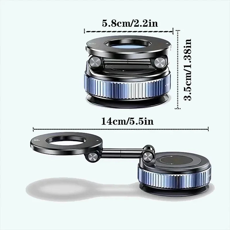 Black, circular, foldable metal gadget with a textured blue base and hinge. Shows folded and extended dimensions.