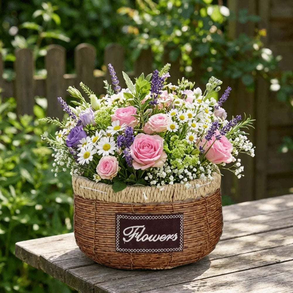 A rustic, woven basket with a "Flowers" sign filled with a colorful bouquet of pink roses, daisies, and lavender.
