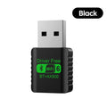 Compact black USB WiFi 6 and Bluetooth 5.4 adapter with green text detailing driver-free functionality.