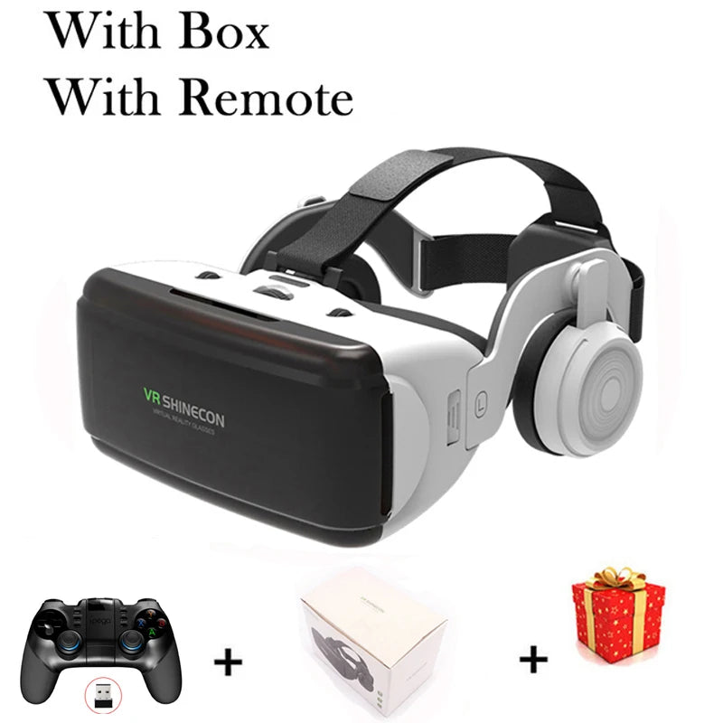 Black and white VR headset for smartphones, featuring adjustable straps, integrated headphones, a controller, and box.