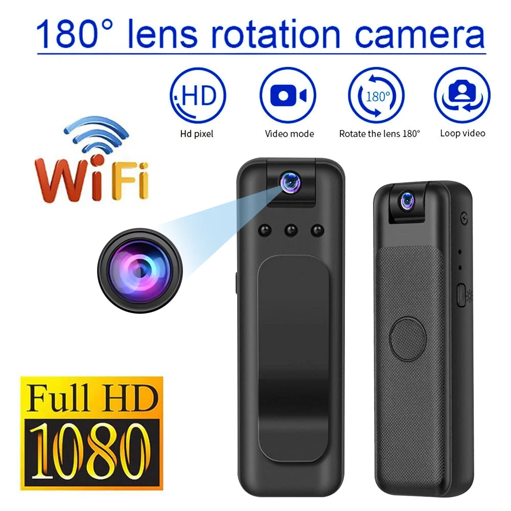 Black plastic portable body camera with 180-degree rotating lens, Wi-Fi connectivity, and 1080p HD video recording.