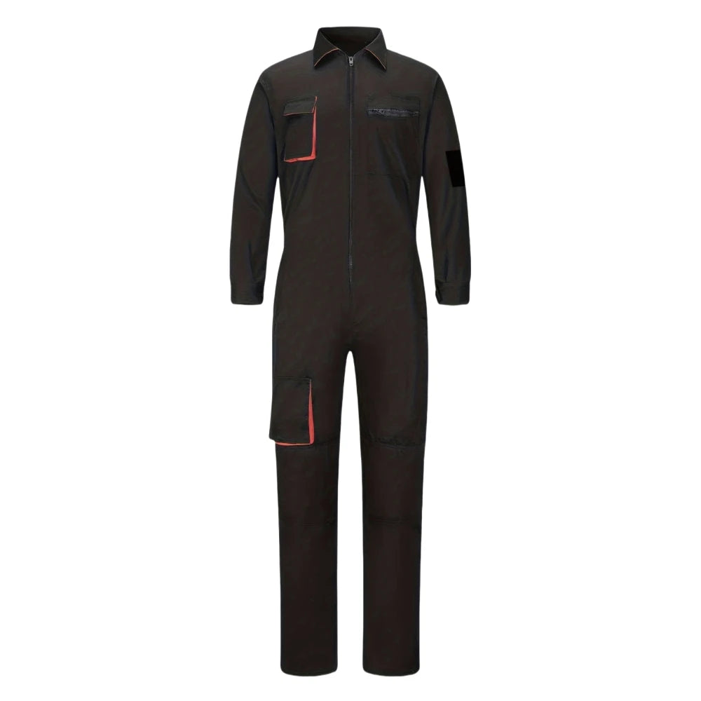 Black heavy-duty workshop coveralls with a zip-up front, collar, and orange-accented pockets on the chest and leg.