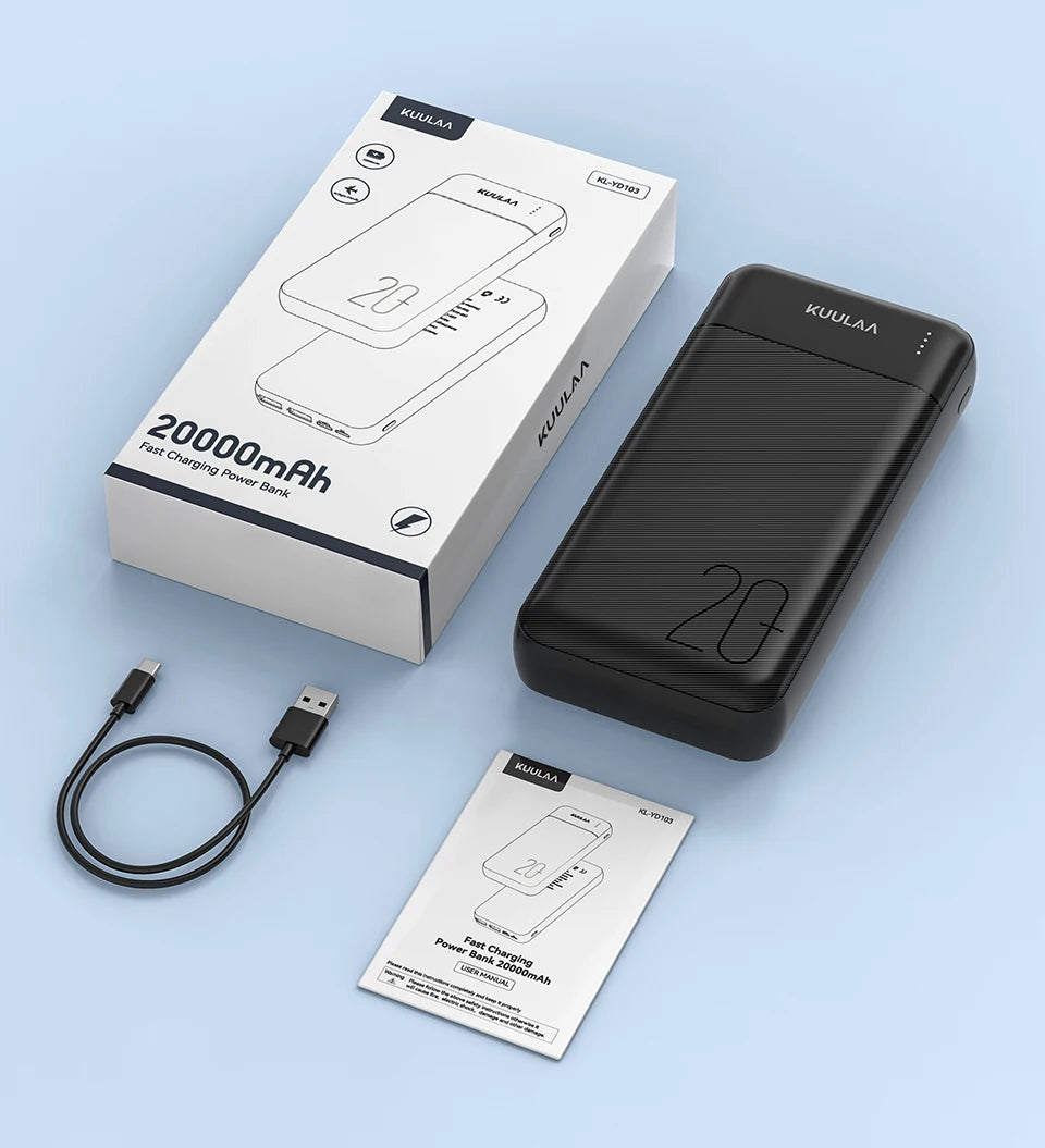 Black 20000mAh portable power bank with a textured finish, LED battery indicator, charging cable, and product packaging.