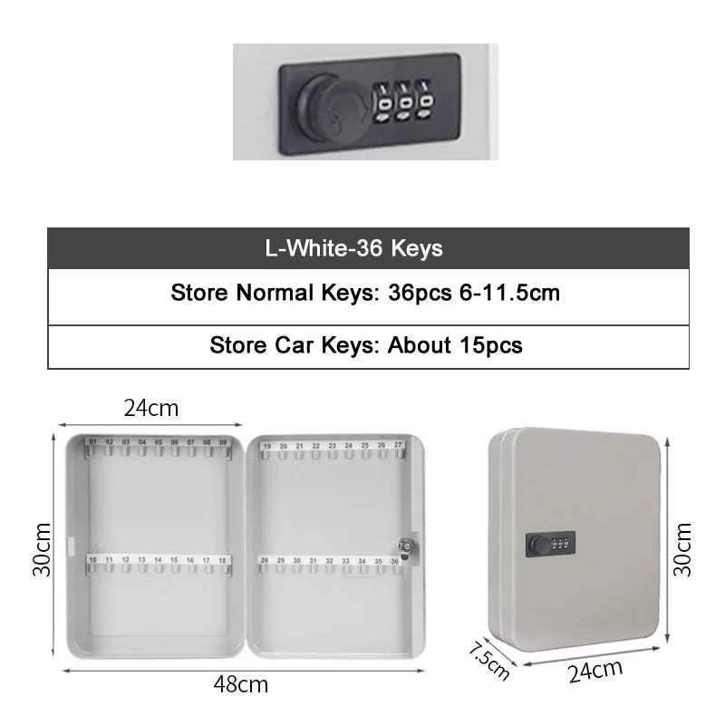 White metal wall-mounted key cabinet with 36 numbered hooks and a black combination lock. Dimensions 24x30x7.5cm.