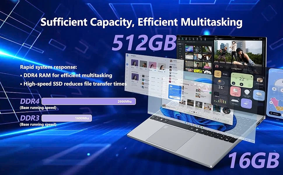 Sleek silver 15.6-inch laptop showcasing multitasking software against a blue digital background.
