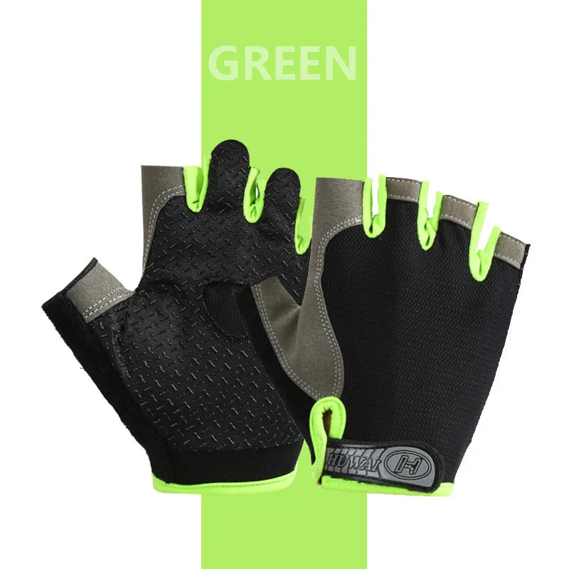 Fingerless black cycling gloves with bright lime green trim, textured palms, and an adjustable velcro wrist strap.