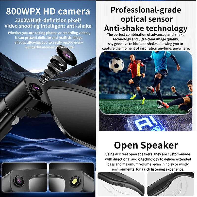 Black smart glasses featuring a built-in camera, directional audio, and anti-shake technology for capturing video.