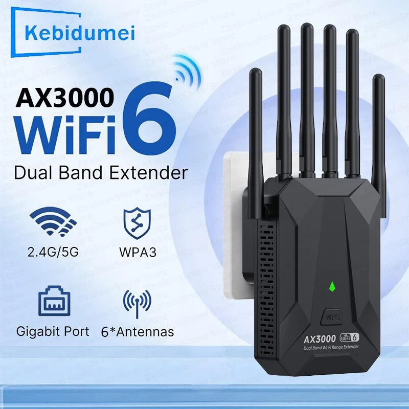 Black WiFi 6 signal booster with six antennas, dual-band support, gigabit port, and a status light.