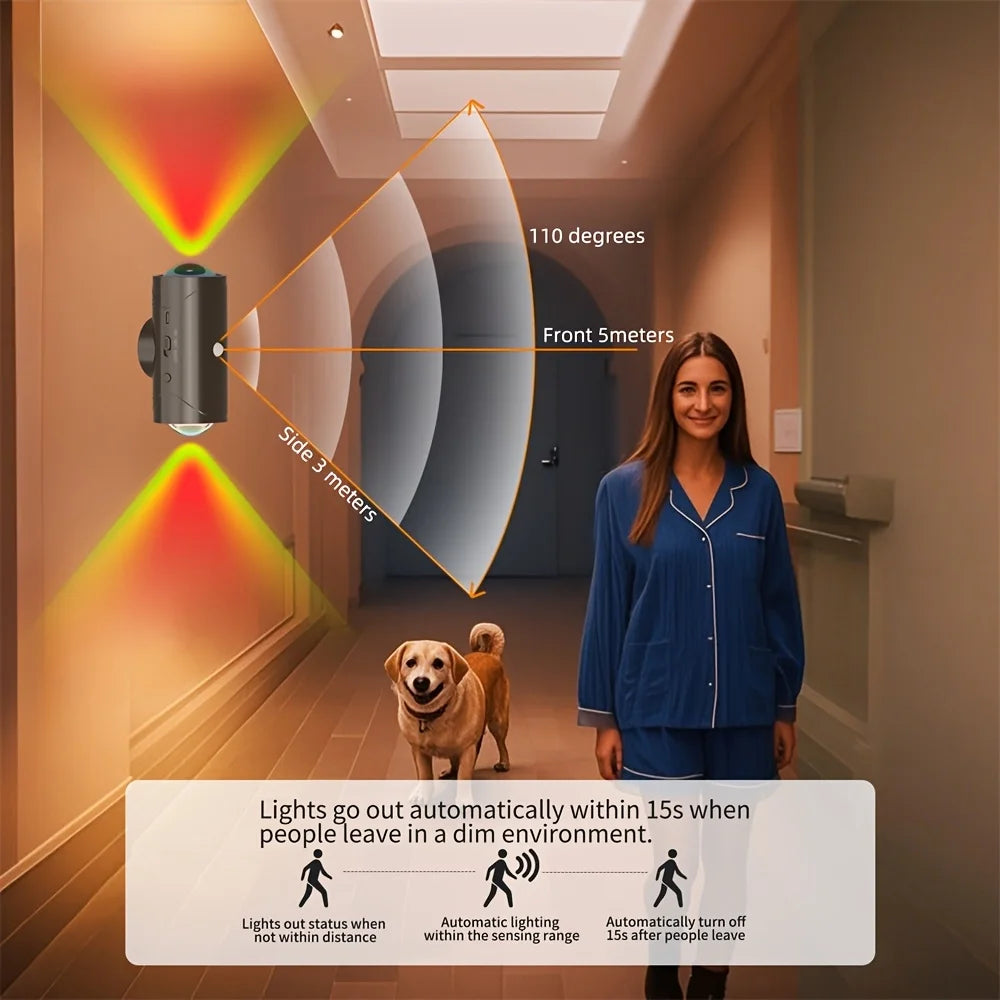 A sleek black smart motion-sensor LED night light in a hallway, showing RGB colour beams and automatic sensing range.