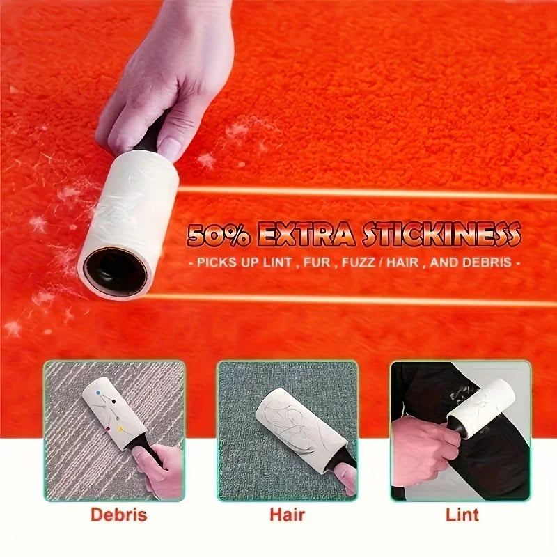 A hand using a sticky lint roller to clean debris, hair, and lint from orange fabric. Includes comparison insets.