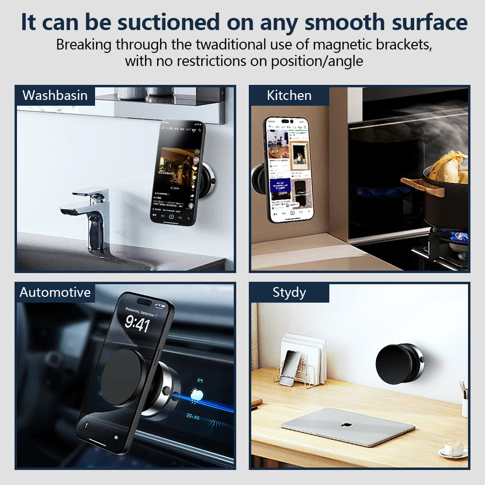 A black, circular suction phone mount shown in use on various surfaces like walls, car dashboards, and mirrors.
